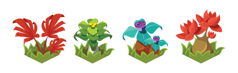 Fantasy Plant and Flower Growing in Ground Isometric Vector Set