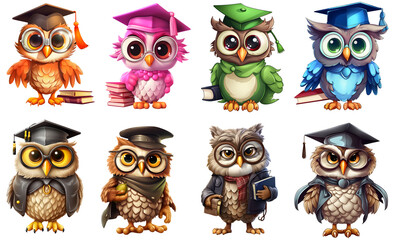 set of graduation owls in colors on transparent isolated background, png, generated ai