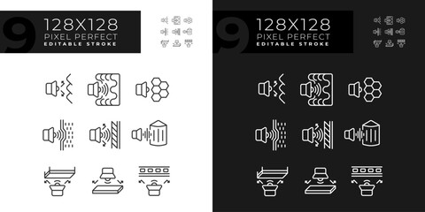 2D pixel perfect light and dark mode icons set representing soundproofing, editable thin line illustration.