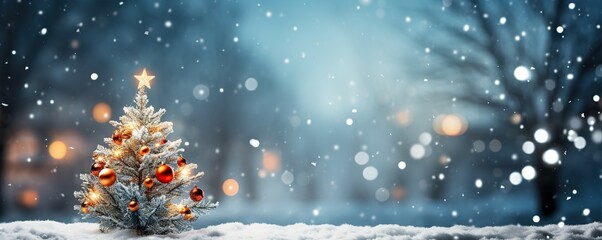 Fototapeta na wymiar Winter Christmas Backdrop Decoration Holiday Snow Christmas Tree With Blurred Background and Glittering Bokeh New Year Winter Design