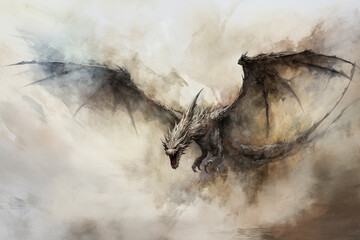 Dragon in watercolor style. Digital art painting. Fantasy illustration. Created with generative AI technology.