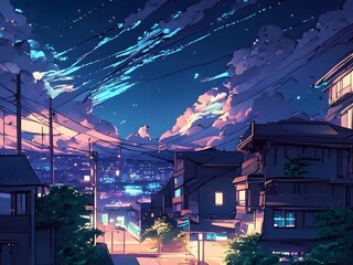 Fototapeta premium Cityscape scenery at night anime style