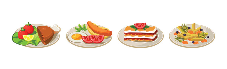 Different Food and Dish Served on Plate Isometric Vector Set