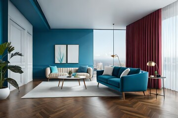 Modern interior of a spacious living room with contrasting blue walls and wooden floors, a blue armchair and a white sofa. The concept of art style, a real photo of the interior