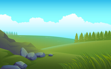 Vector illustration of a peaceful meadow. A tranquil landscape embraced by nature's beauty, ideal for adding serenity and freshness to your creative projects