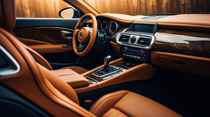 Brown leather interior of a luxury car inner view