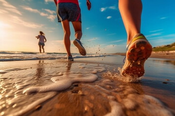 couple leg running on the beach at the summertime with Generative AI
