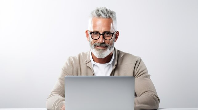 Businessman using laptop computer while seated at office, as depicted in business portrait. Middle-aged, mid-adult, fifty-year-old man with a contented, self-assured smile. generative ai