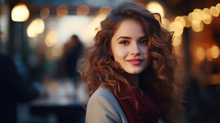 Fototapeta premium A Woman's Smile: A captivating portrait of a young woman with flowing brown hair, her warm smile radiates genuine joy and charm, captured in a softly blurred urban setting