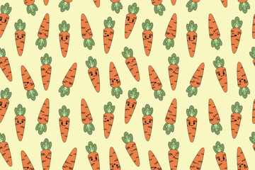 Vector seamless pattern of cartoon hand drawn doodle carrot with kawaii face isolated on white background. Vector illustration