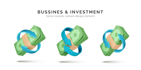 Set of 3D dollar bundle with circle arrows. Finance management. Currency exchange concept. Service for payment and cashback. Vector