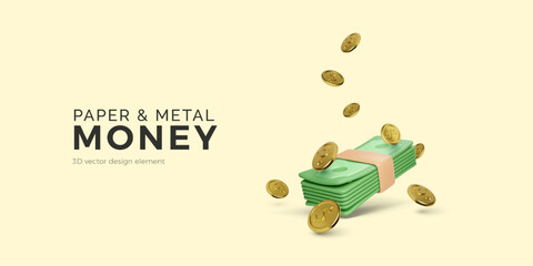 3D falling money. Gold coins with dollar symbol and green paper bundle of currency. Cartoon cash profit. Money management and success investment. Vector