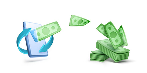 Investment online. Making money from smartphone app. Saving cash paper currency. Business success. Vector