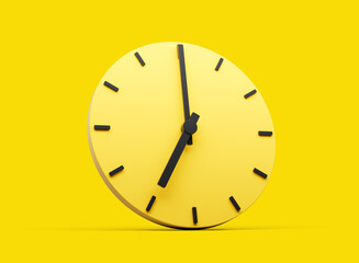 3d Simple Yellow Round Wall Clock 7 O'Clock Seven O'clock On Yellow Background 3d illustration