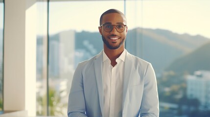 Fototapeta premium Confident businessman standing in office, smiling