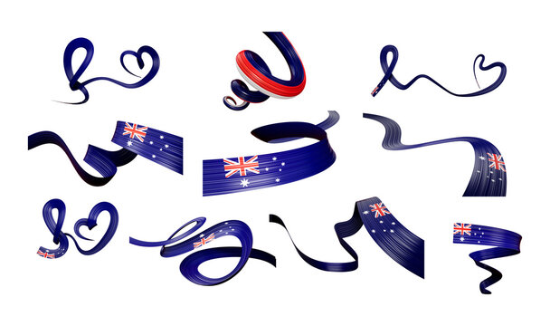 3d Set Of Different Style Of Australia Flags Waving Ribbon Flags On White Background 3d Illustration