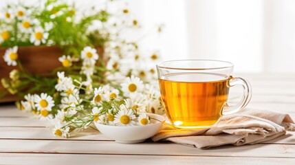 Chamomile herbal tea with flower buds, honey and lemon on a white wooden table and a bouquet of chamomile. Useful herbal, soothing drinks and natural healer concept. Immunity tea.Close up. Copy space.