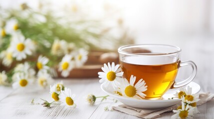 Chamomile herbal tea with flower buds, honey and lemon on a white wooden table and a bouquet of chamomile. Useful herbal, soothing drinks and natural healer concept. Immunity tea.Close up. Copy space. - obrazy, fototapety, plakaty