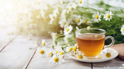 Herbal tea featuring chamomile blossoms with honey, lemon, and honey on a white wooden table with a bouquet of chamomile flowers. Useful herbal, soothing drinks and natural healer concept. Copy space. - obrazy, fototapety, plakaty