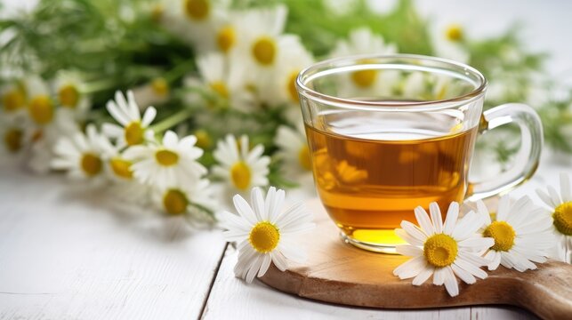 Herbal tea featuring chamomile blossoms with honey, lemon, and honey on a white wooden table with a bouquet of chamomile flowers. Useful herbal, soothing drinks and natural healer concept. Copy space.