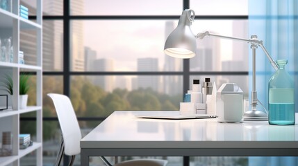 Modern doctor office with laptop, table lamp, stationery and decor on white table over blurred background. doctor's office, examination room. generative ai