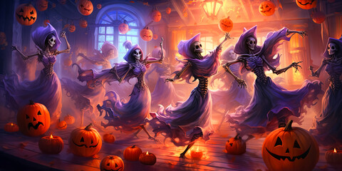 Woman Skeletons in ball gown dresses dancing on Halloween party