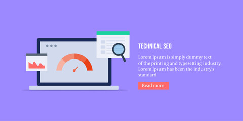 Fototapeta premium Technical SEO strategy, page loading speed test, keyword content optimization, data analytics and improve user experience, search engine ranking development concept, vector illustration.