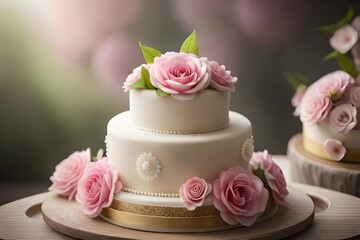 Obraz na płótnie Canvas wedding cake with pink roses generated ai