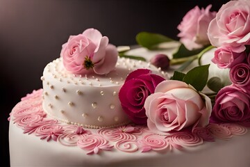 cake with pink roses  generated ai