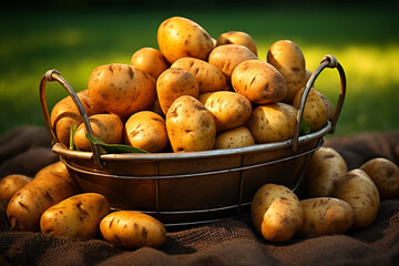 Basket of Potatoes in farm.Healthy and vegan concept.Created with Generative AI technology.