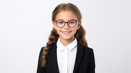 portrait of a student girl looking at camera on white background