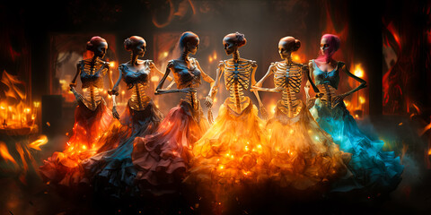 Woman Skeletons in ball gown dresses dancing on Halloween party