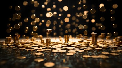 Cinematic scene of falling golden coins and stacks of coin towers, ai generative