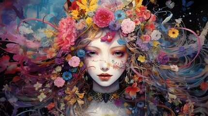 Abstract contemporary art portrait of young woman with flowers on face and background