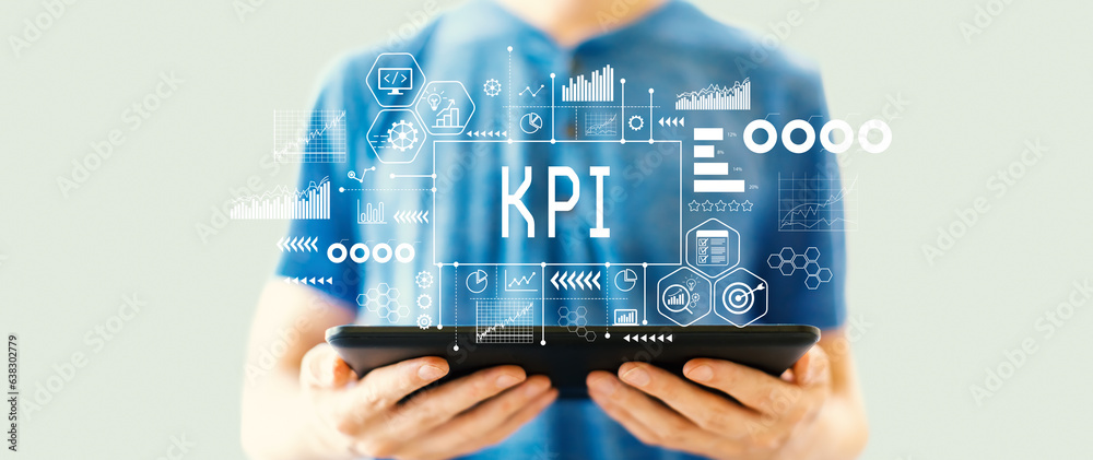 Poster kpi - key performance indicator theme with young man using a tablet computer