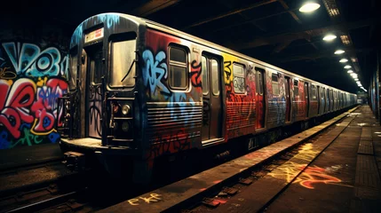 Fototapeten Dark lit underground subway station © levit