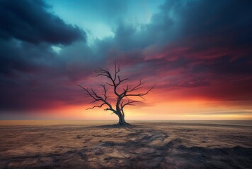Fototapeta na wymiar Lonely tree in desert with cloudly sky, beautiful landscape, Generative AI