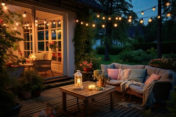 Cozy Patio Terrace with Autumnal Charm: Outdoor String Lights and Lanterns