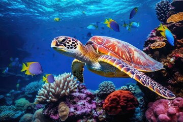 Obraz premium Vibrant Underwater World: Turtle Swimming Among Colorful Fish and Coral in the Ocean