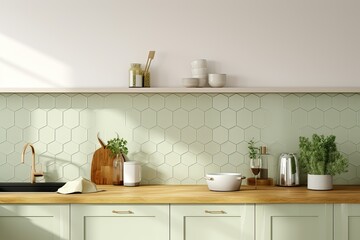 Fototapeta na wymiar white hexagon tiles in a kitchen with a frame light green minimal