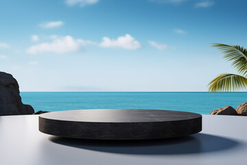 Fototapeta na wymiar Empty round black podium on stone platform with sea island and blue sky background for product display.