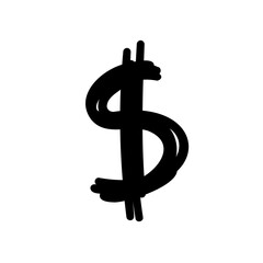 Symbol dollar USD currency brush stroke in doodle brush hand drawn style isolated on white background. For abc, education, logo, branding, font, alphabet, signboard, lettering, presentation.