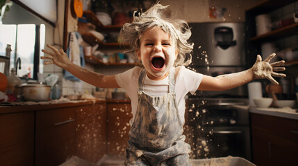A joyful child making a mess in the kitchen with flour or cake mix, dirty but having cheeky fun