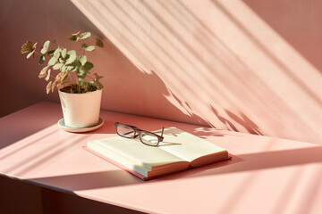 On the desk, with the open book, the sun is shining, the scene is simple, the composition is interesting and simple, the light pink wall, the color is soft, the picture quality is the best