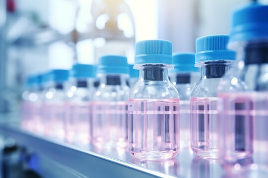 Medical vials on production line at pharmaceutical factory, Pharmaceutical machine working pharmaceutical glass bottles production line,