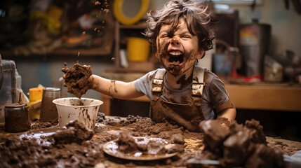 A brat toddler getting up to mischief, getting dirty, and making a delightful mess with chocolate in the kitchen - obrazy, fototapety, plakaty