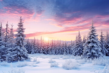 Fototapeta na wymiar The fir tree forest is covered with snow in the winter season, shining on the light of the morning glow in beautiful sunrise sky and clouds. landscape concept suitable for nature and season.