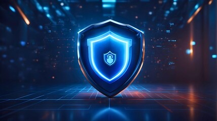 3D Rendering illustration of illuminated blue network security shield isolated on dark background. The concept of cyber security, security systems and data protection for graphic design
