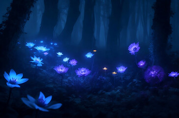 Bioluminescent flowers glowing in the night in a forest.