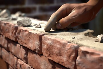 male hand in glove of bricklayer installing bricks on construction site